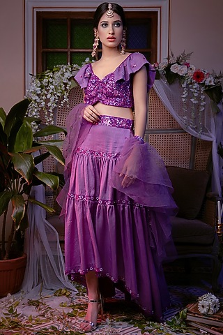 Lilac Embroidered High-Low Lehenga Set For Girls by Shreya Agarwal - Kids