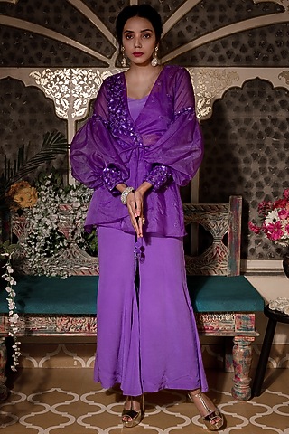 Lilac Angrakha Jacket Set For Girls by Shreya Agarwal - Kids