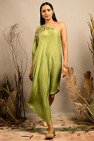 Lime Green One Shoulder Embellished Kaftan For Girls by Shreya Agarwal - Kids