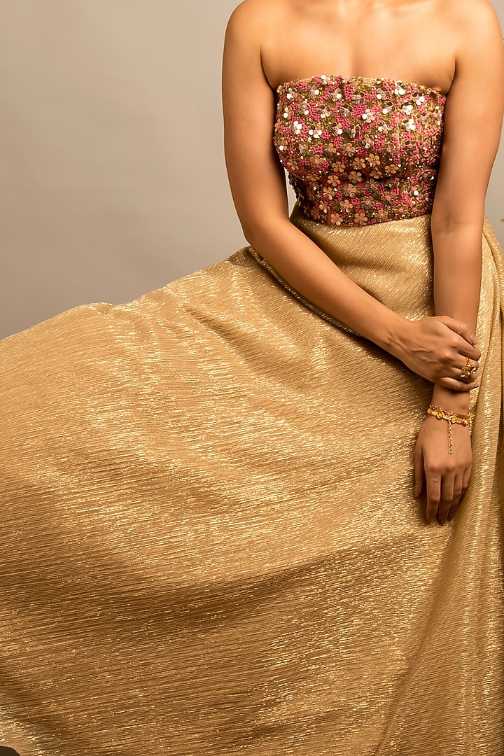 Beige Floral Embellished Gown For Girls by Shreya Agarwal - Kids at Pernia's Pop Up Shop