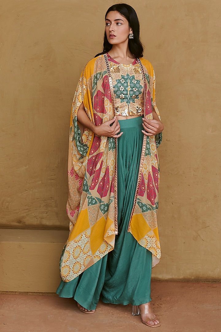 Multi-Colored Silk Satin Printed Cape Set by Radical