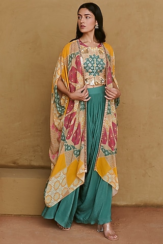 Multi-Colored Silk Satin Printed Cape Set by Radical