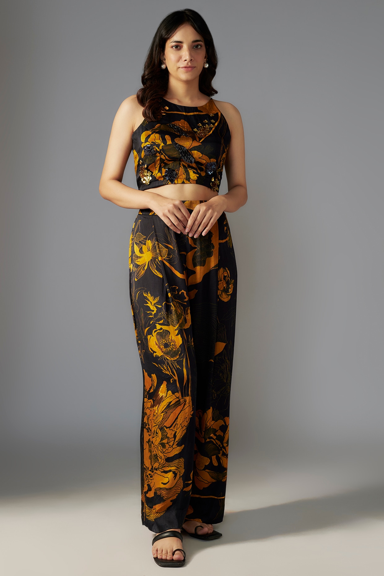 VIP【送料関税込】OBIDI PRINTED SILK TROUSERS Sorrento printed silk satin wide-leg pants in blue - SIR