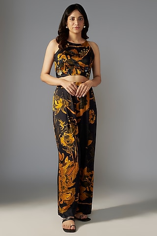Black Gold Silk Satin Bloom Printed Co-Ord Set by Radical