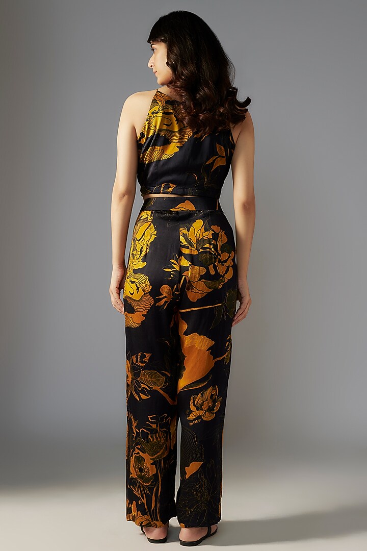 Black Gold Silk Satin Bloom Printed Co-Ord Set by Radical at Pernia's Pop Up Shop