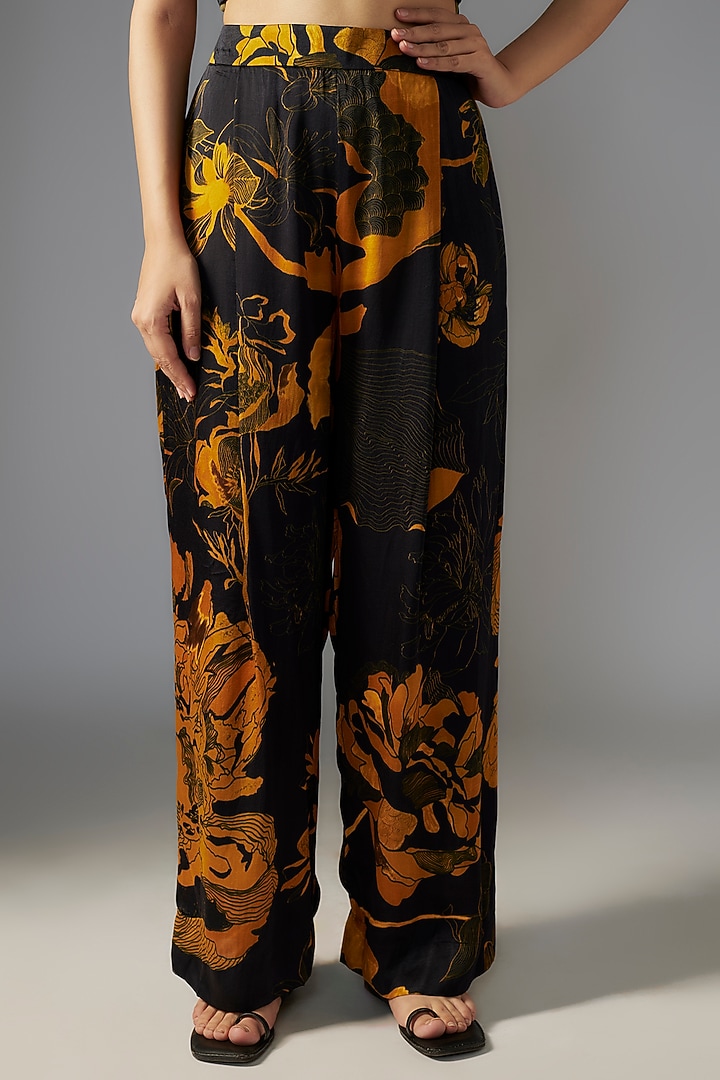 Black Gold Silk Satin Bloom Printed Co-Ord Set by Radical at Pernia's Pop Up Shop