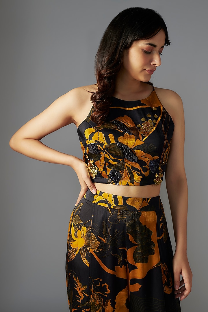 Black Gold Silk Satin Bloom Printed Co-Ord Set by Radical at Pernia's Pop Up Shop