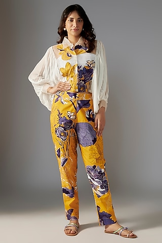 White & Yellow Organza Floral Applique Co-Ord Set by Radical