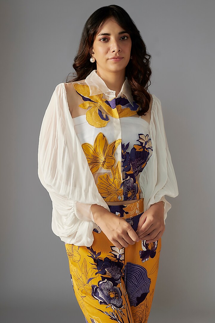 White & Yellow Organza Floral Applique Co-Ord Set by Radical at Pernia's Pop Up Shop