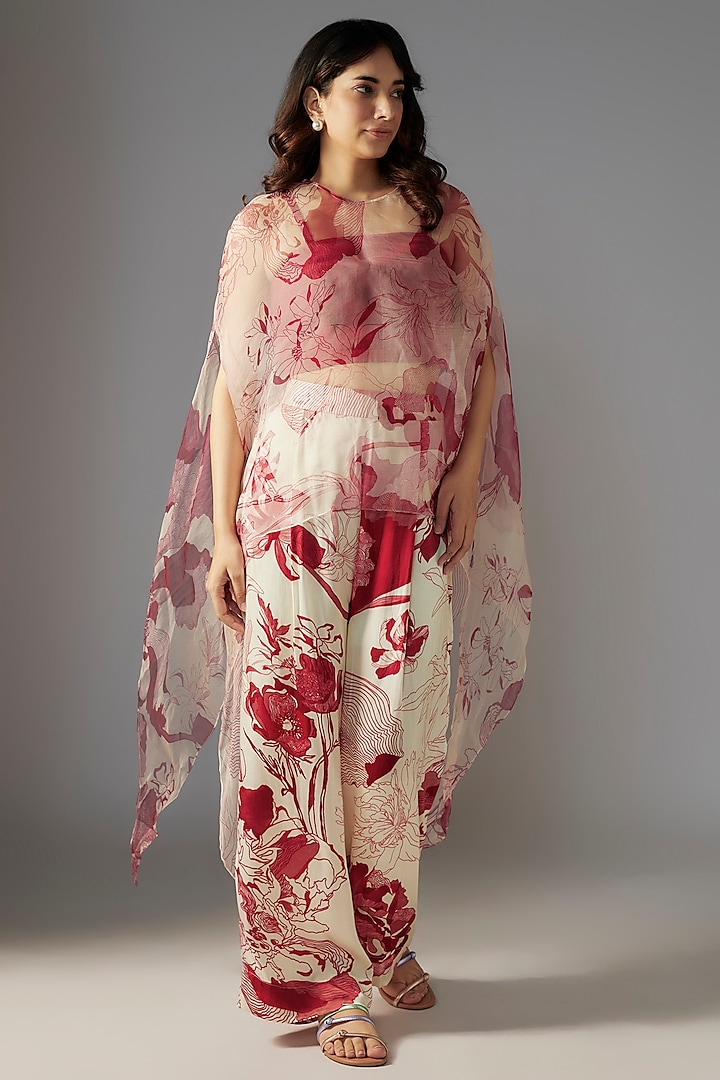 Red Organza Printed Cape Set by Radical