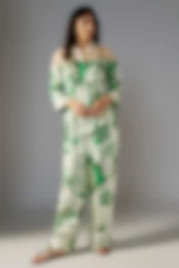 Sheer Green Silk Satin Bloom Printed Co-ord Set by Radical