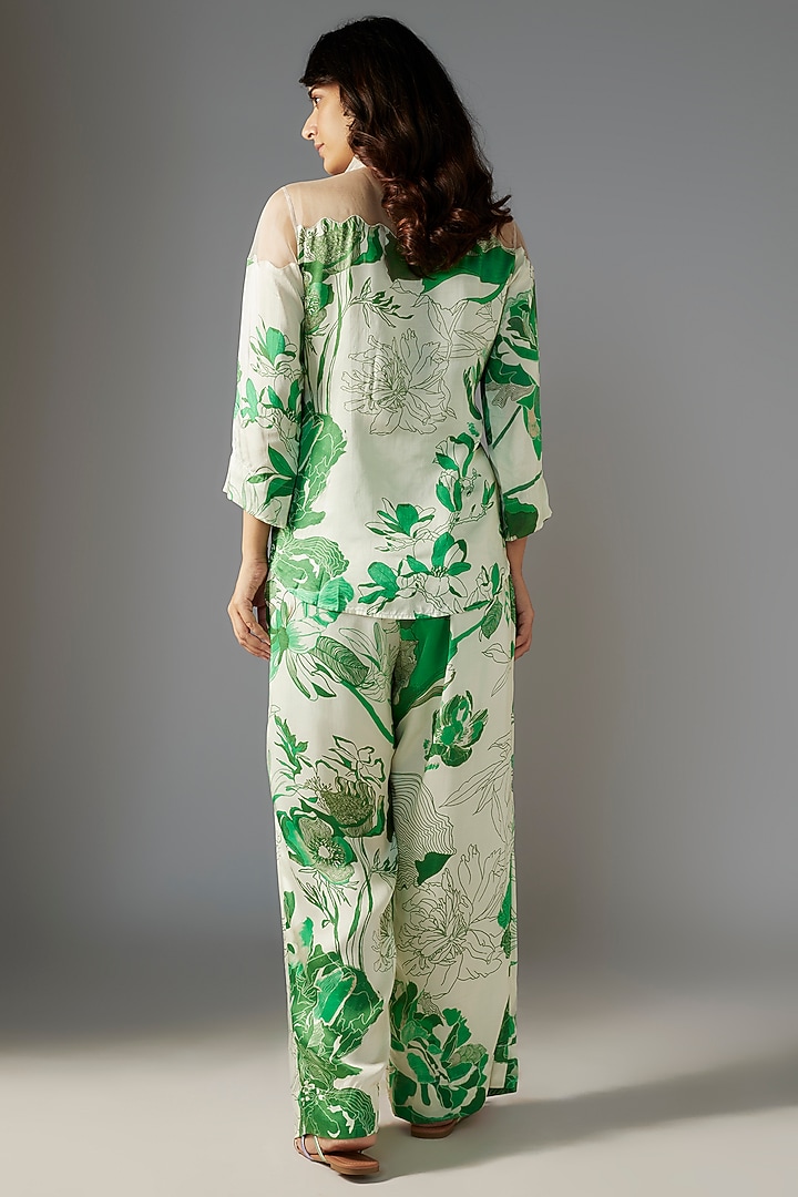 Sheer Green Silk Satin Bloom Printed Co-ord Set by Radical at Pernia's Pop Up Shop