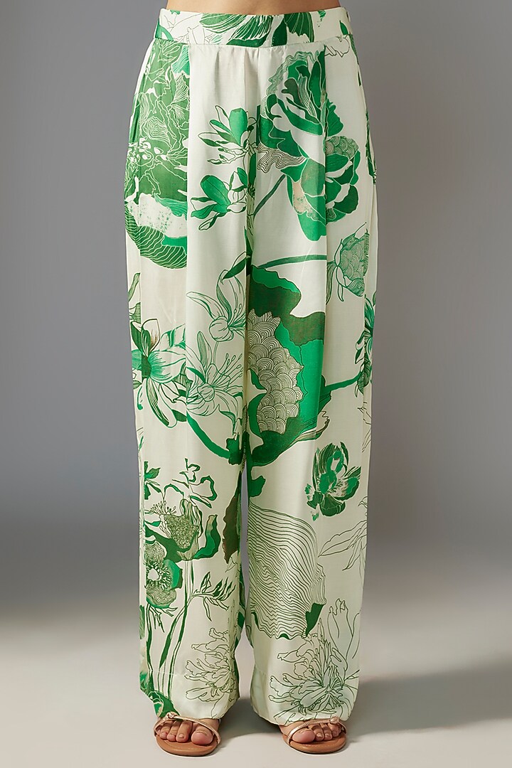 Sheer Green Silk Satin Bloom Printed Co-ord Set by Radical at Pernia's Pop Up Shop