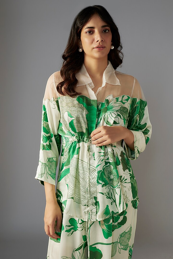 Sheer Green Silk Satin Bloom Printed Co-ord Set by Radical at Pernia's Pop Up Shop