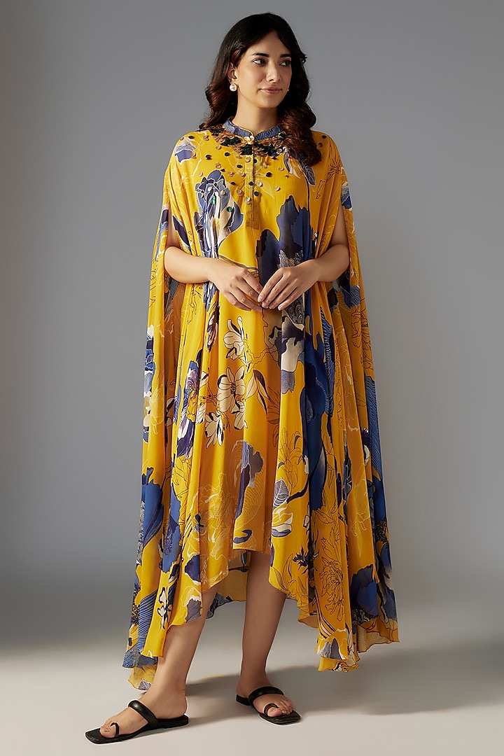 Yellow Georgette Bead Embroidered & Bloom Printed Midi Trapeze Dress by Radical