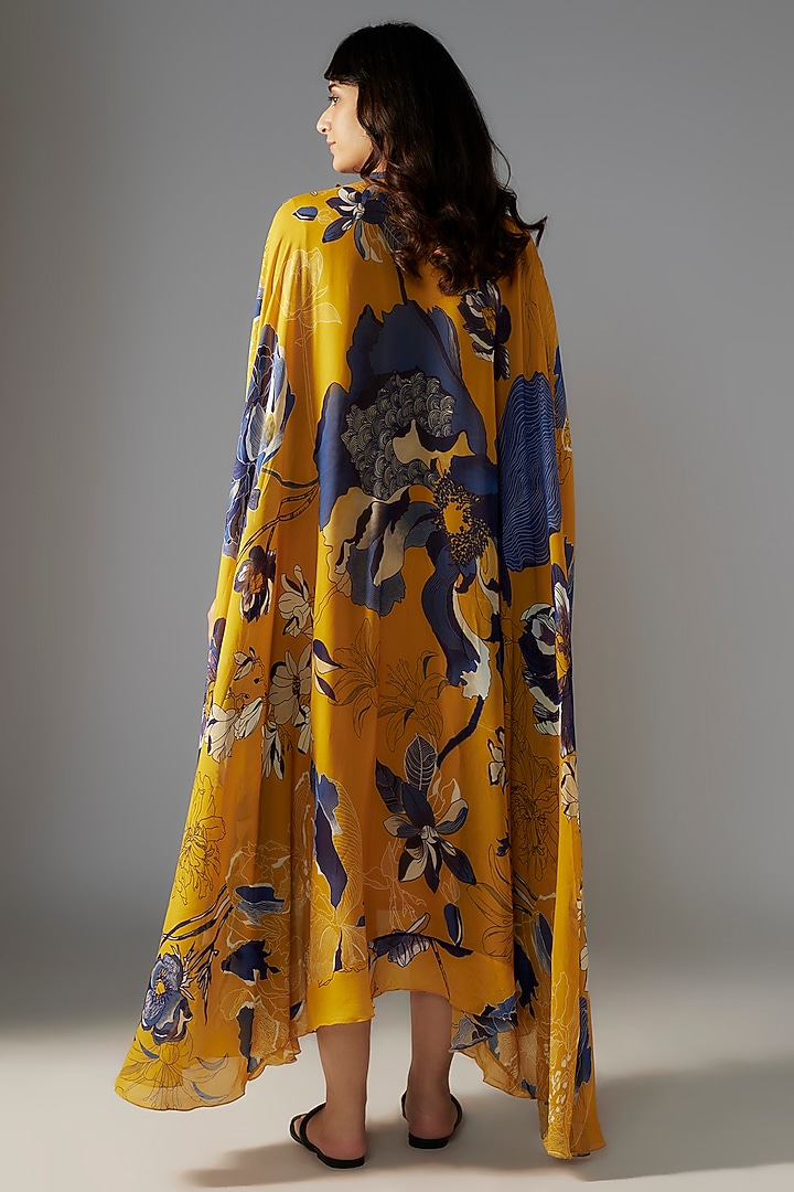 Yellow Georgette Bead Embroidered & Bloom Printed Midi Trapeze Vacation Dress by Radical at Pernia's Pop Up Shop