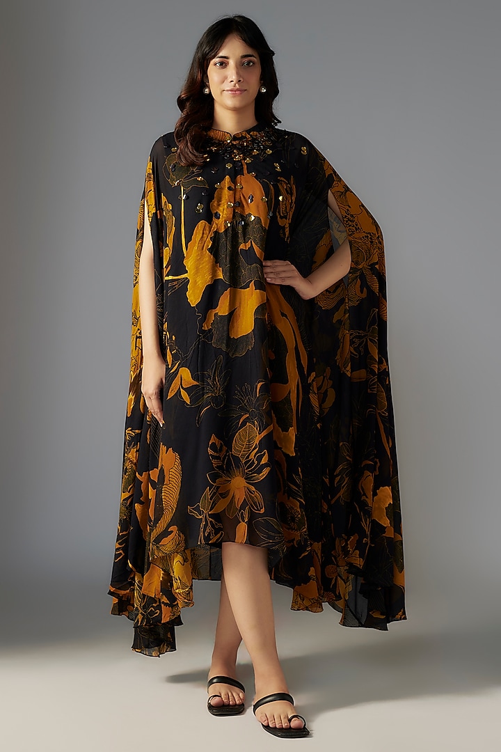 Black & Gold Georgette Bloom Printed Trapeze Dress by Radical