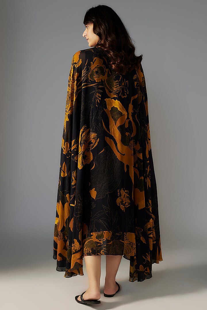 Black & Gold Georgette Bloom Printed Trapeze Vacation Dress by Radical at Pernia's Pop Up Shop