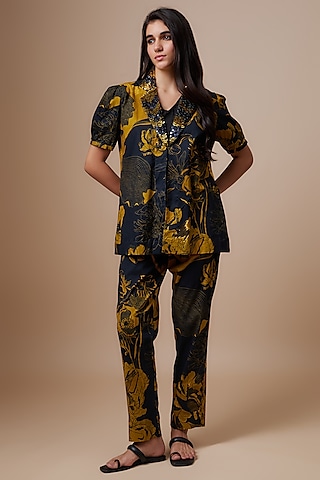 Black Cotton Floral Printed Jacket Set by Radical