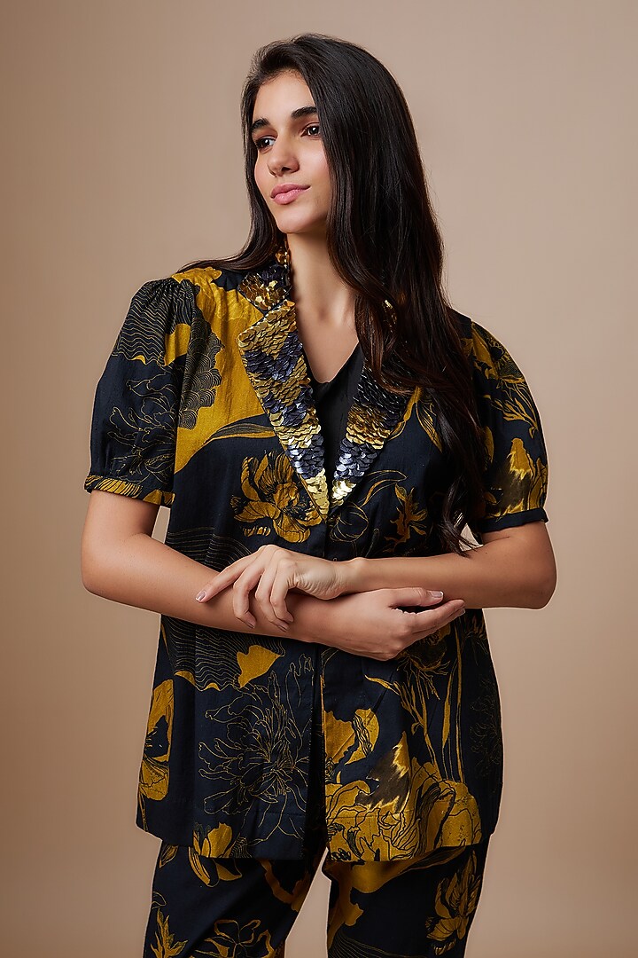 Black Cotton Floral Printed Jacket Set by Radical at Pernia's Pop Up Shop