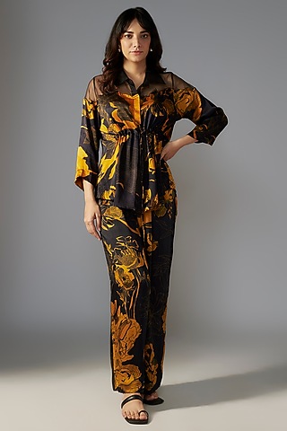 Sheer Black Gold Silk Satin Bloom Printed Co-ord Set by Radical