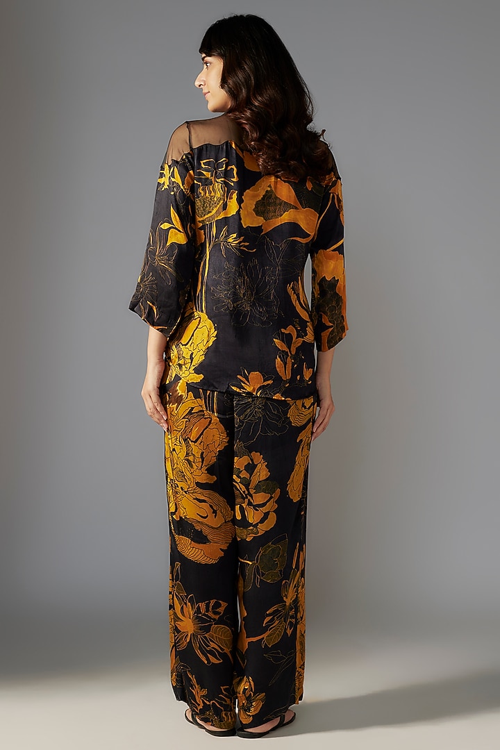 Sheer Black Gold Silk Satin Bloom Printed Co-ord Set by Radical at Pernia's Pop Up Shop