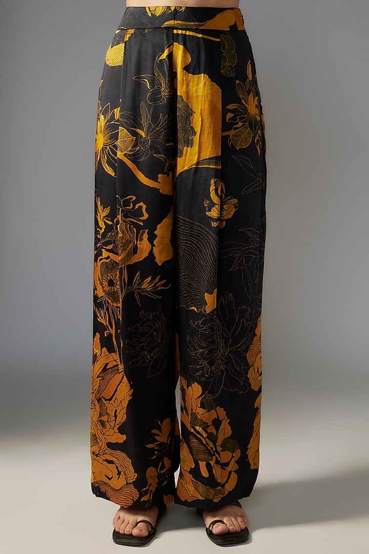 Sheer Black Gold Silk Satin Bloom Printed Co-ord Set by Radical at Pernia's Pop Up Shop