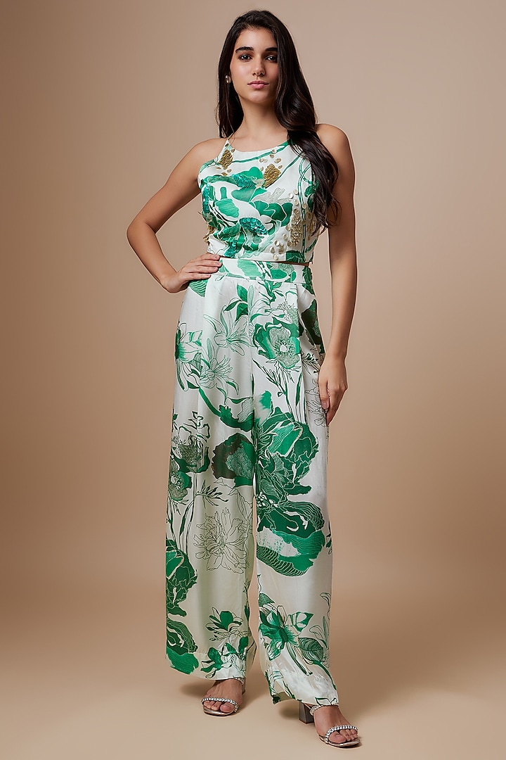 Green Silk Floral Printed Co-Ord Set by Radical