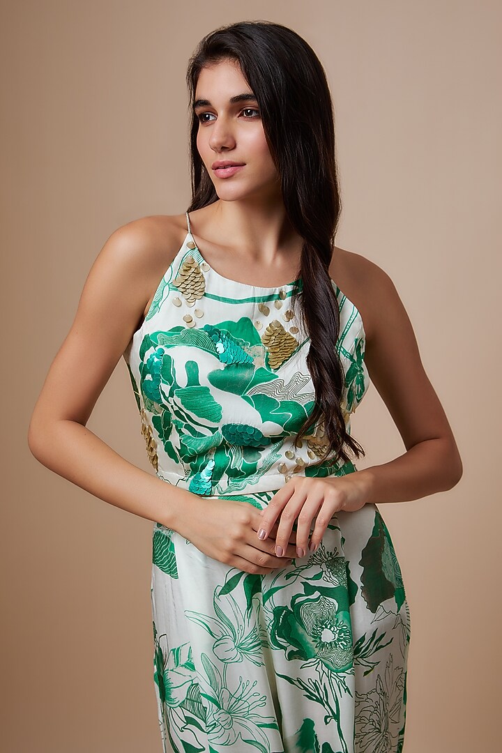 Green Silk Floral Printed Co-Ord Set by Radical at Pernia's Pop Up Shop