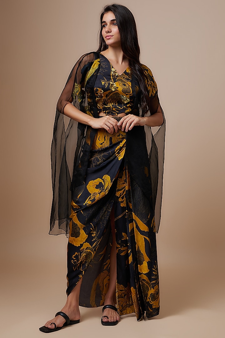 Black Silk Satin Printed Skirt Set by Radical