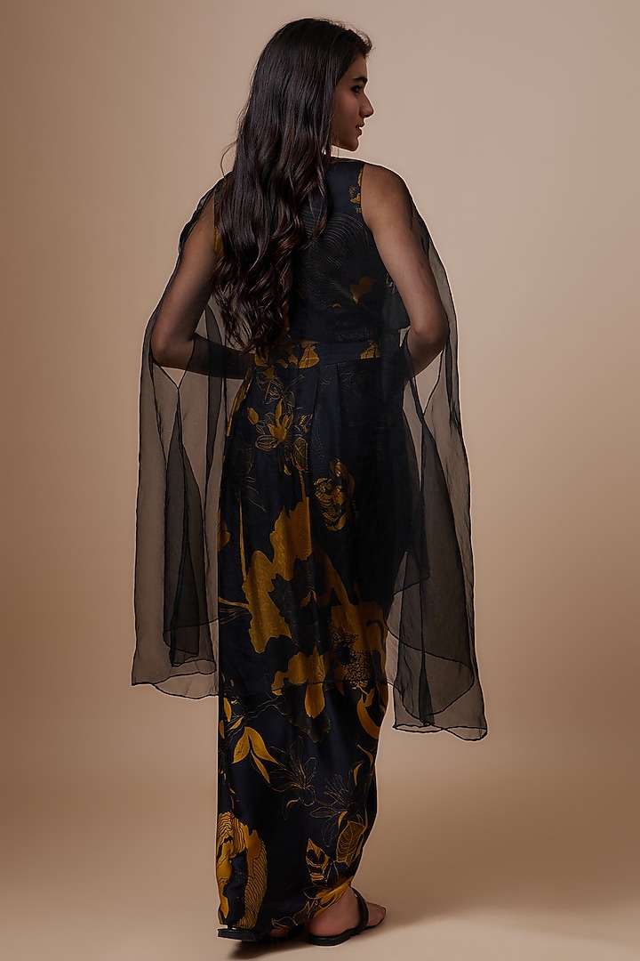 Black Silk Satin Printed Skirt Set by Radical at Pernia's Pop Up Shop