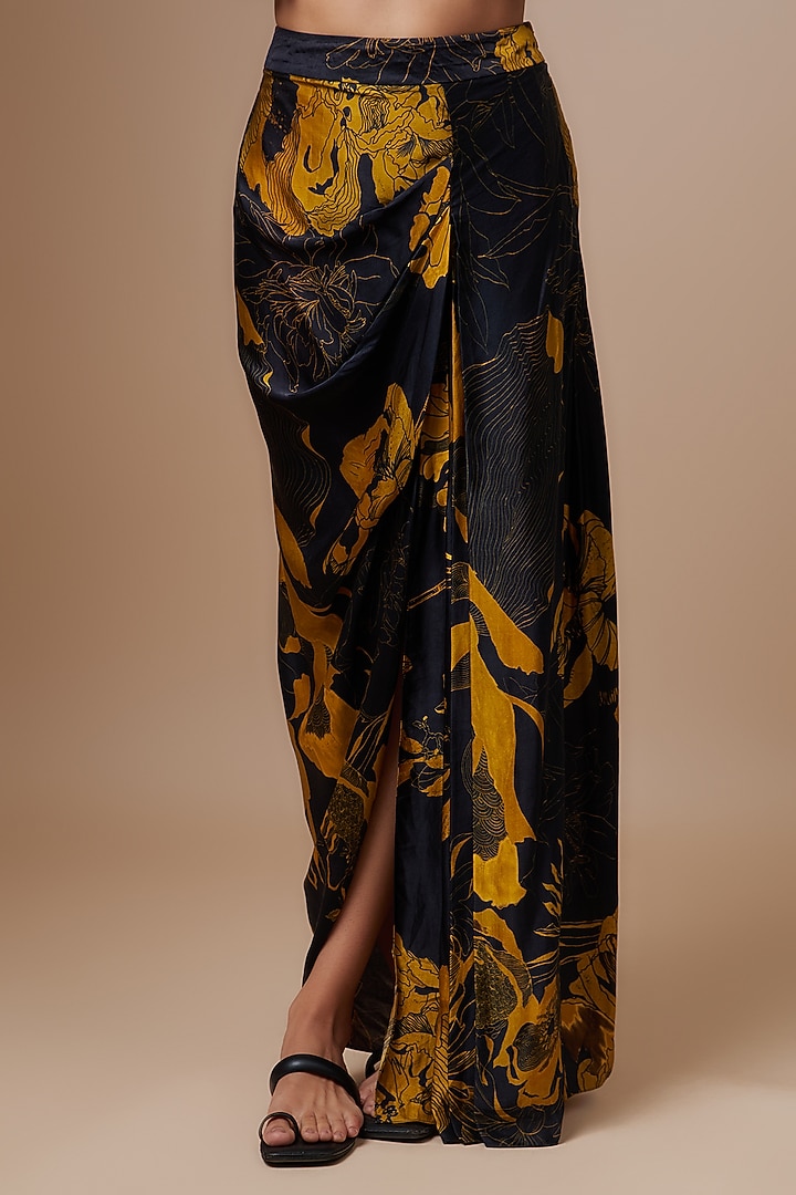 Black Silk Satin Printed Skirt Set by Radical at Pernia's Pop Up Shop