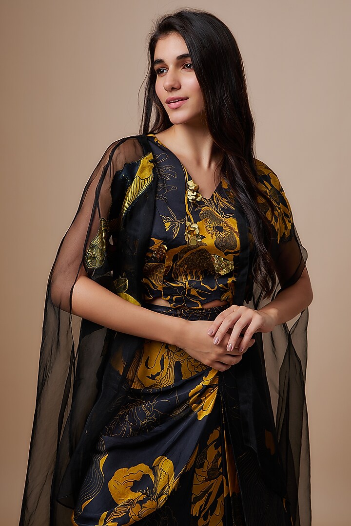 Black Silk Satin Printed Skirt Set by Radical at Pernia's Pop Up Shop
