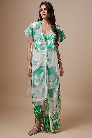 White Silk Satin Printed Skirt Set by Radical