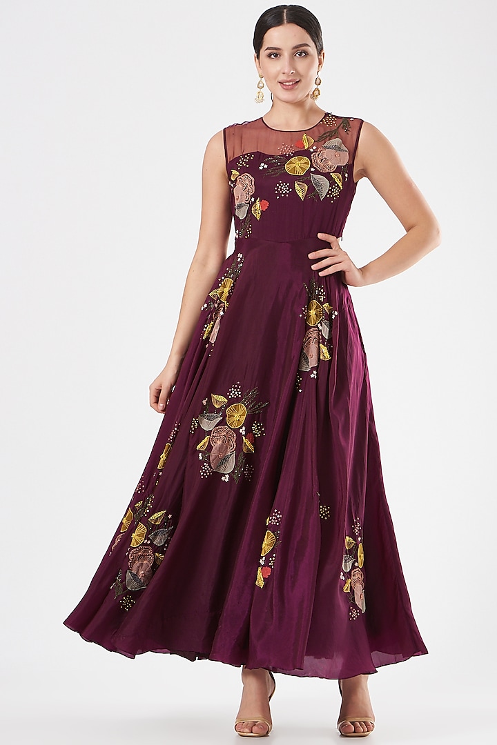 Burgundy Silk Embroidered Gown by Radical at Pernia's Pop Up Shop