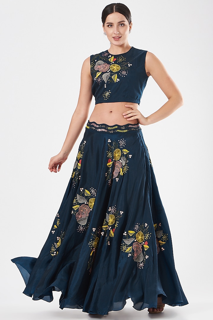 Midnight Blue Silk Embroidered Skirt Set by Radical