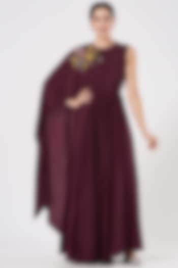 Burgundy Crepe Embroidered Gown by Radical