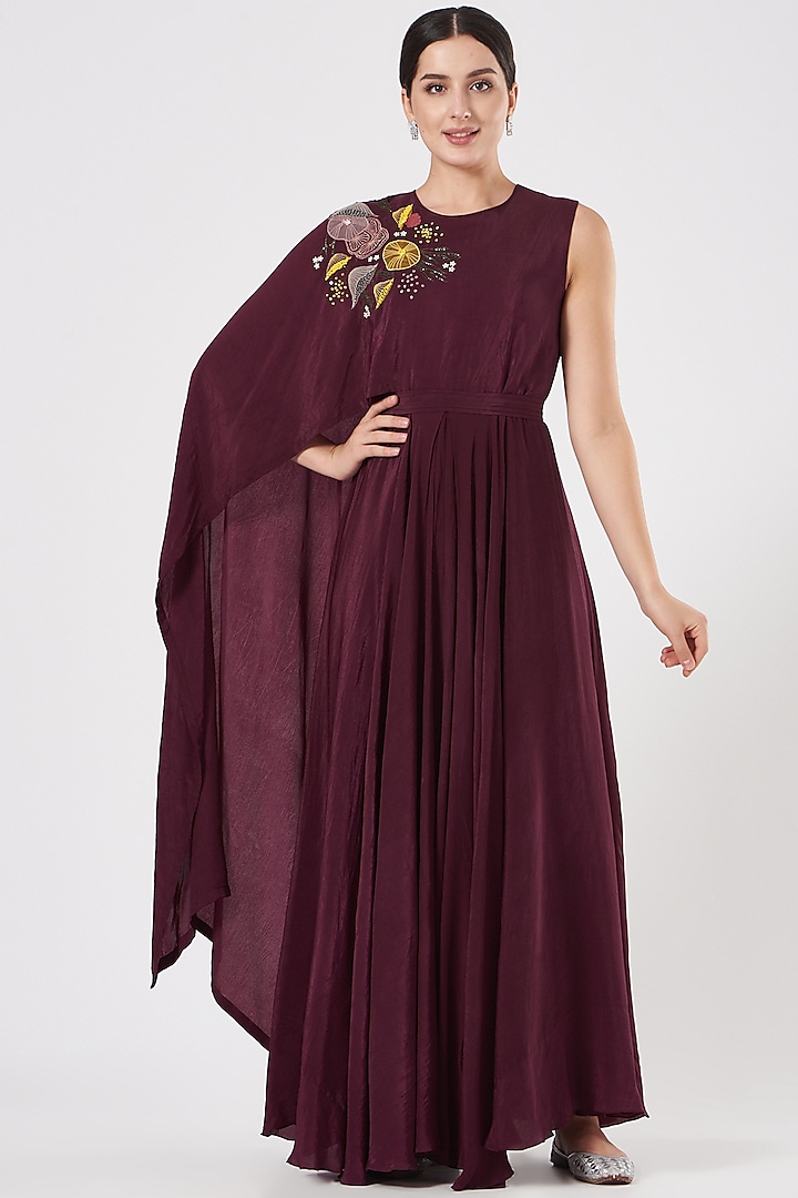Burgundy Crepe Embroidered Gown by Radical