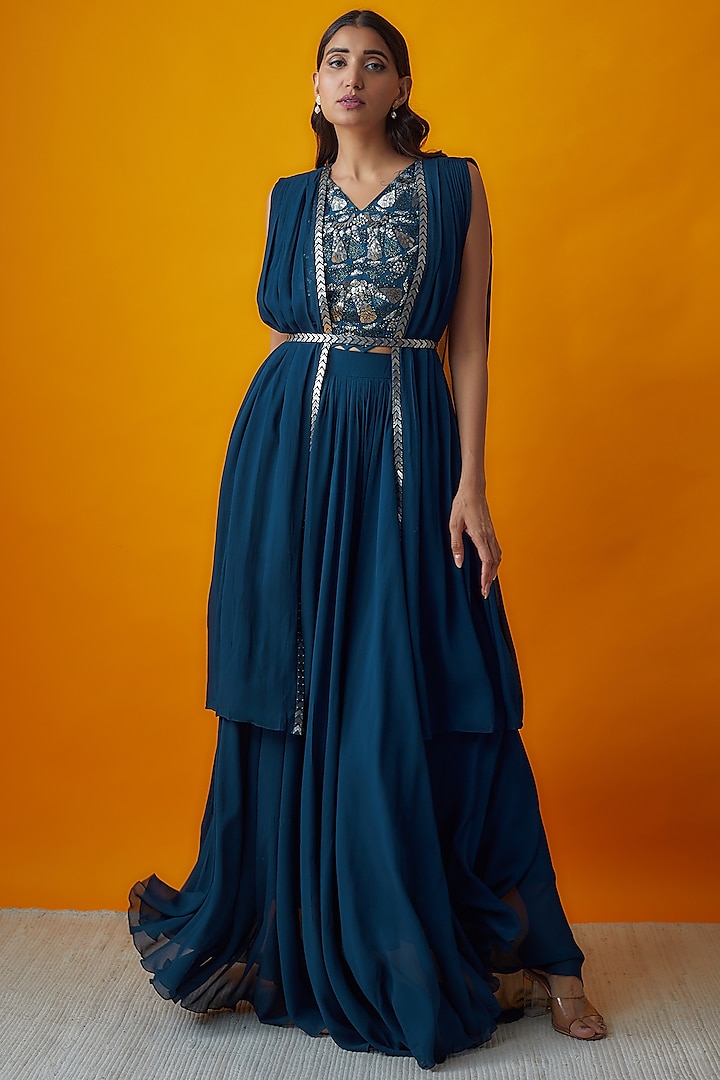 Blue Georgette Jacket Wedding Lehenga Set by Radical at Pernia's Pop Up Shop