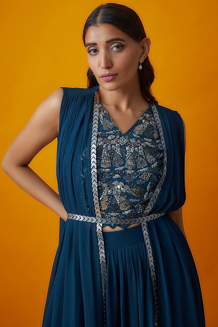 Blue Georgette Jacket Wedding Lehenga Set by Radical at Pernia's Pop Up Shop