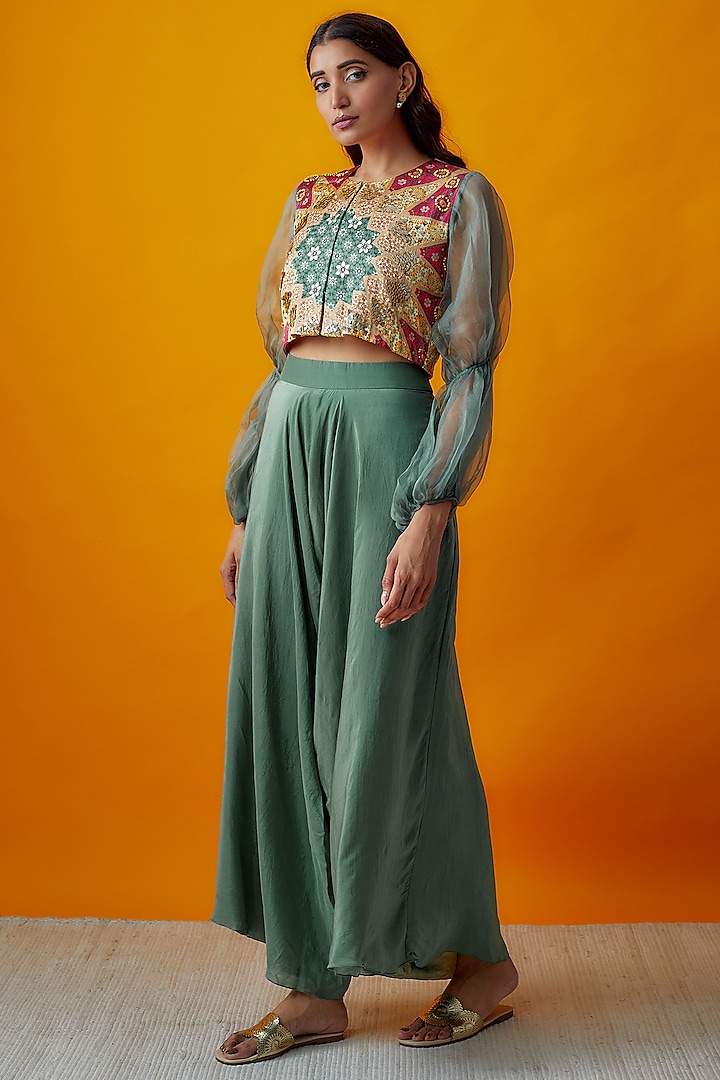 Slate Green Silk Satin Pant Set by Radical at Pernia's Pop Up Shop