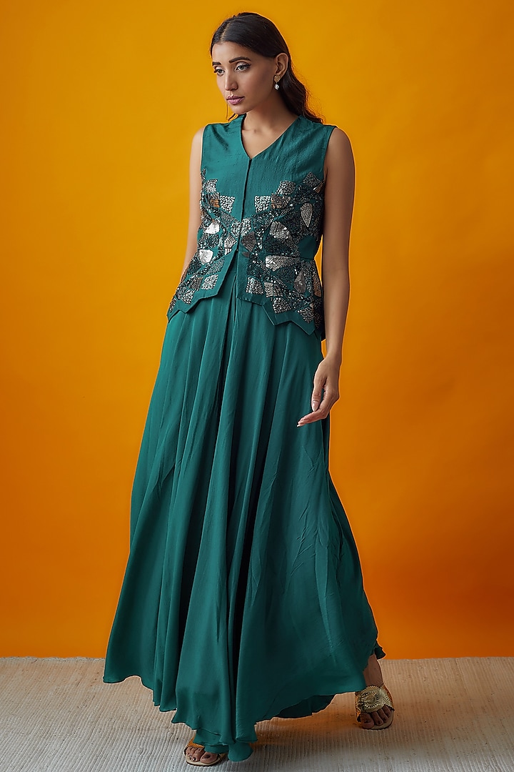 Teal Pure Silk Embroidered Jacket Set by Radical at Pernia's Pop Up Shop