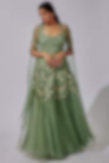 Sage Green Organza Jacket Lehenga Set by Radical