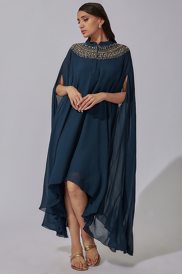 Navy Blue Georgette Embroidered Tunic by Radical