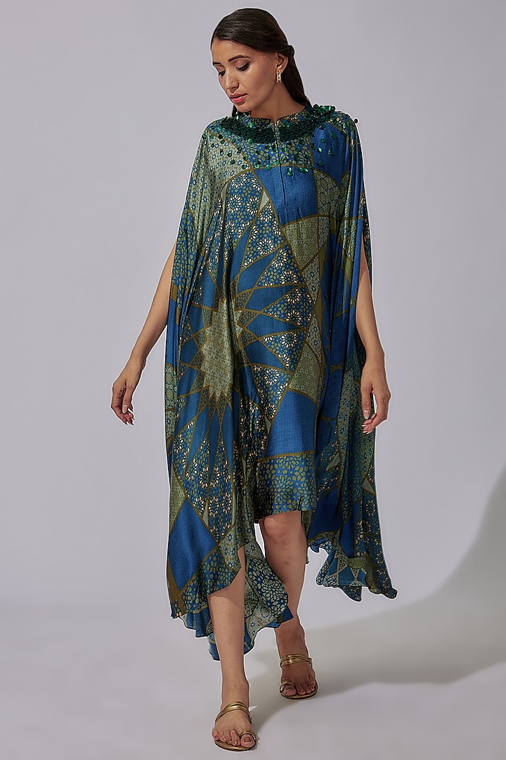 Navy Silk Satin Printed Dress by Radical