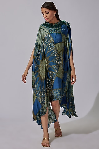 Navy Silk Satin Printed Dress by Radical