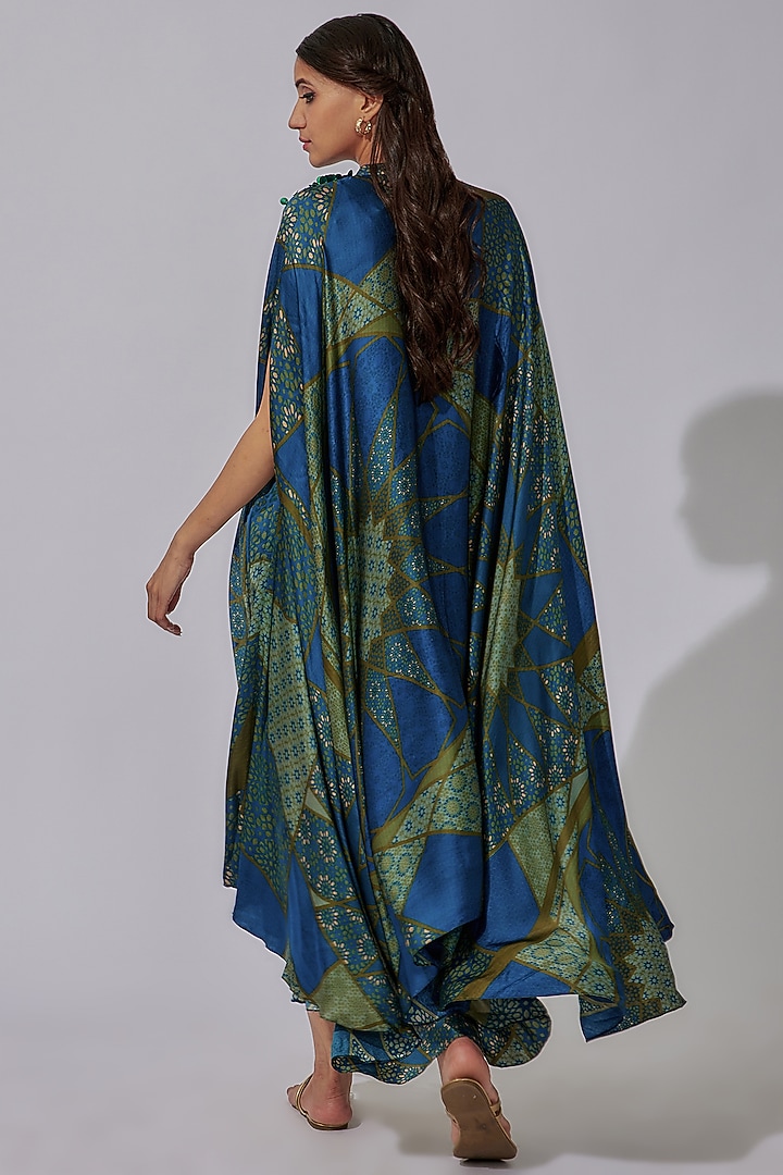 Navy Silk Satin Printed Vacation Dress by Radical at Pernia's Pop Up Shop