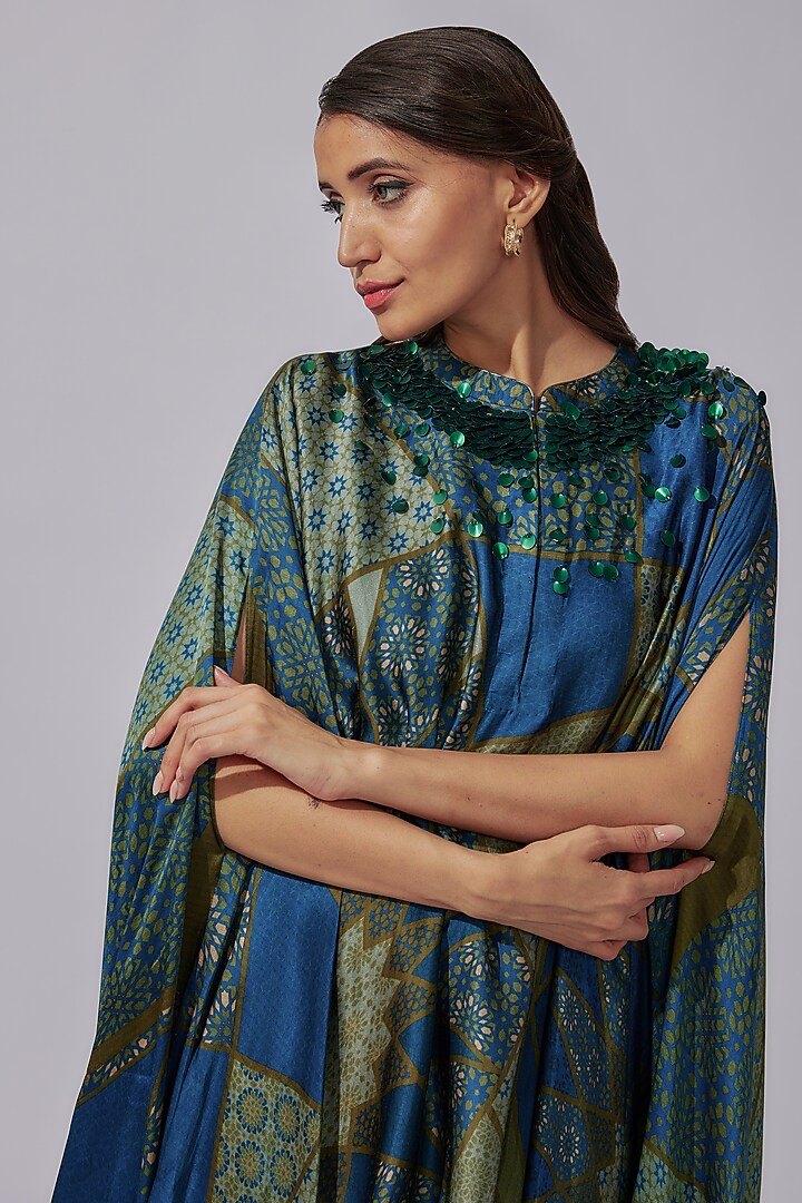 Navy Silk Satin Printed Vacation Dress by Radical at Pernia's Pop Up Shop