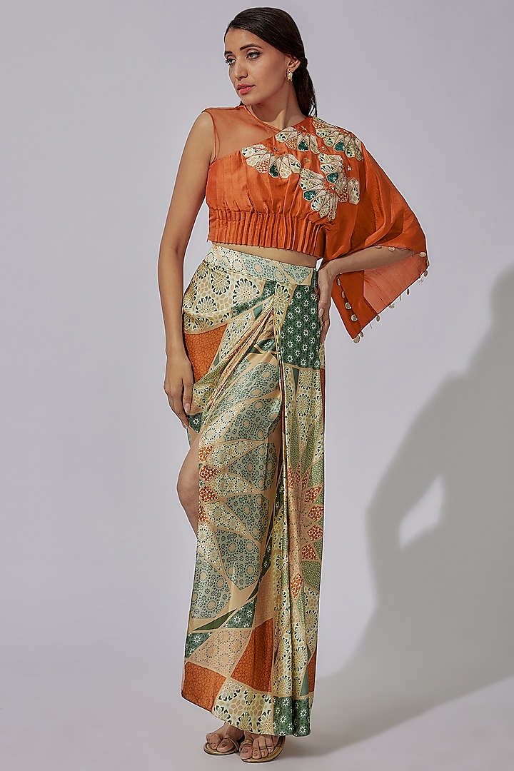 Multi-Colored Silk Satin Printed Skirt Set by Radical