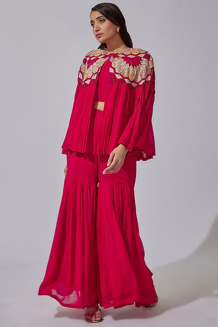 Hot Pink Pure Georgette Embroidered Cape Set by Radical at Pernia's Pop Up Shop